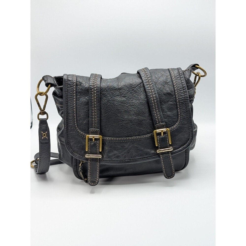 The Sak Messenger Purse Women 11” Tall Black Pebbled Leather Fold-Over Flap Gold